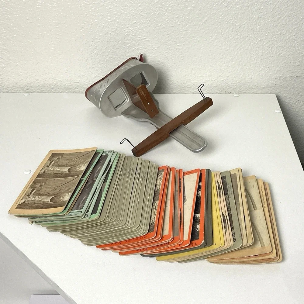 Antique Stereoscope The Perfecscope Metal Wood 1900 Exhibition w/ 60 Cards